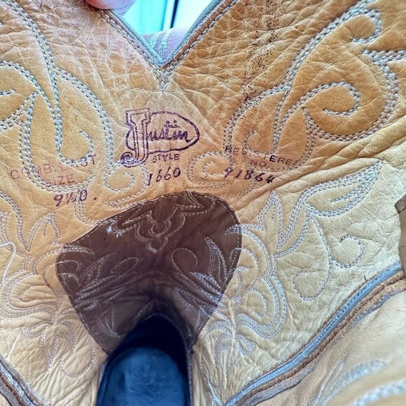 Justin 1660 Men Size 9.5D Cream Brown Two Tone Leather Pointed Toe Western Boot - Picture 11 of 14